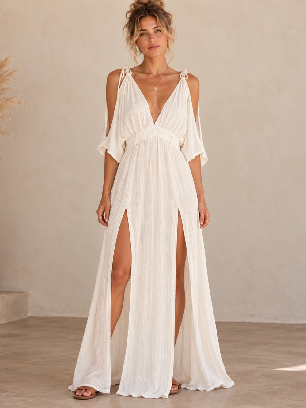 White Boho Cutout Maxi Dress Deep V Double Slit Festival Resort